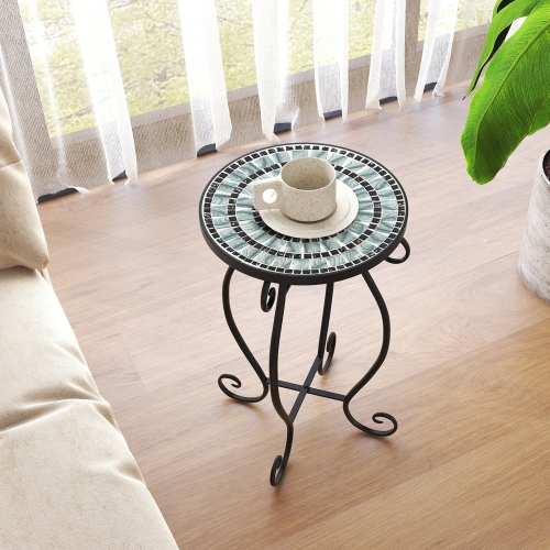 Costway Mosaic Outdoor Side Table, Round End Table with Weather Resistant Ceramic Tile Tabletop