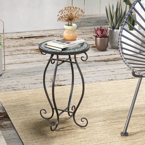Costway Mosaic Outdoor Side Table, Round End Table with Weather Resistant Ceramic Tile Tabletop