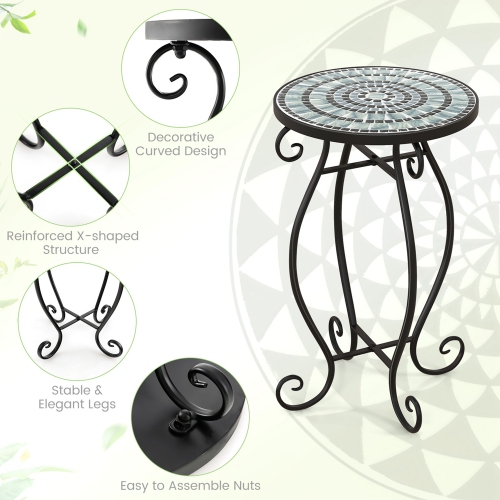 Costway Mosaic Outdoor Side Table, Round End Table with Weather Resistant Ceramic Tile Tabletop