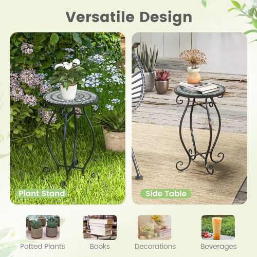 Costway Mosaic Outdoor Side Table, Round End Table with Weather Resistant Ceramic Tile Tabletop