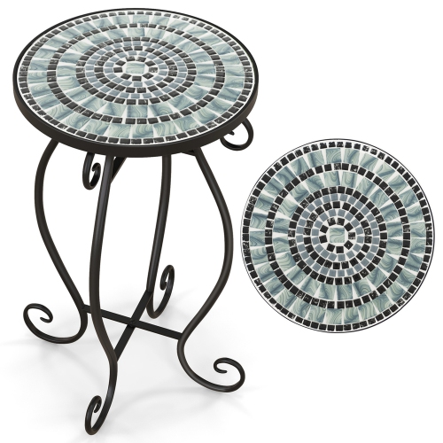 Costway Mosaic Outdoor Side Table, Round End Table with Weather Resistant Ceramic Tile Tabletop