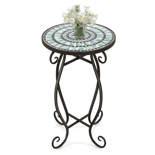 Costway Mosaic Outdoor Side Table, Round End Table with Weather Resistant Ceramic Tile Tabletop