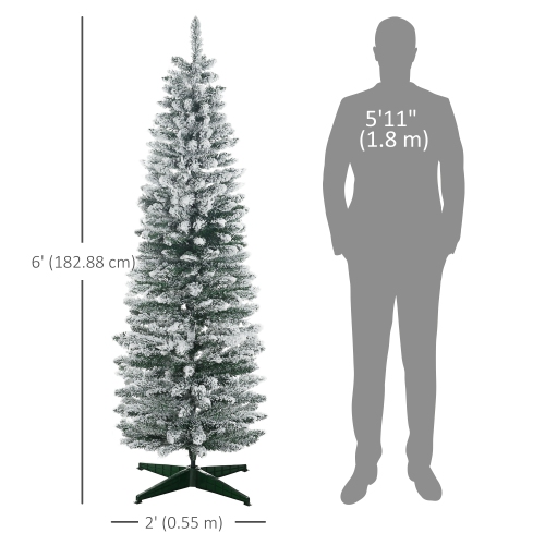 HOMCOM 6ft Tall Pencil Artificial Christmas Tree, Holiday Décor with Snow Flocked Branches, Green