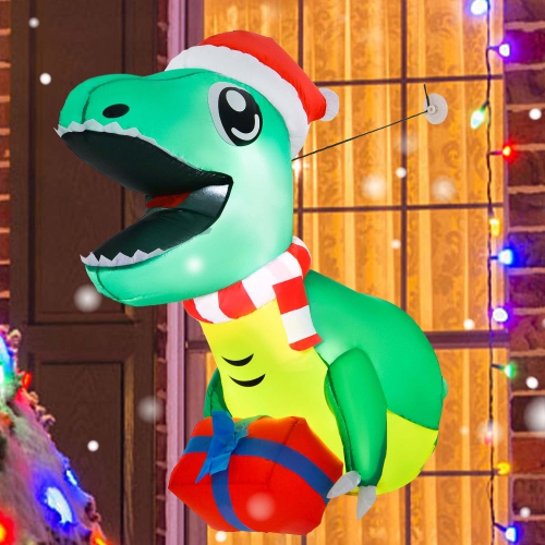 COSTWAY  3.3' Christmas Inflatable Dinosaur Broke Out From Window Hanging Window Dinosaur