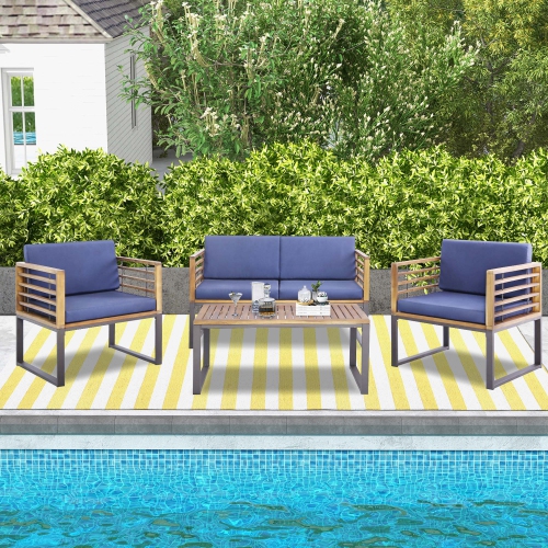 COSTWAY  4PCs Patio Acacia Wood Chair Table Loveseat Cushioned Furniture Set Outdoor In Navy