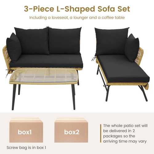 Costway 3 PCS L-Shaped Patio Sofa Set Conversation Furniture with Cushions Deck Garden Black/Beige