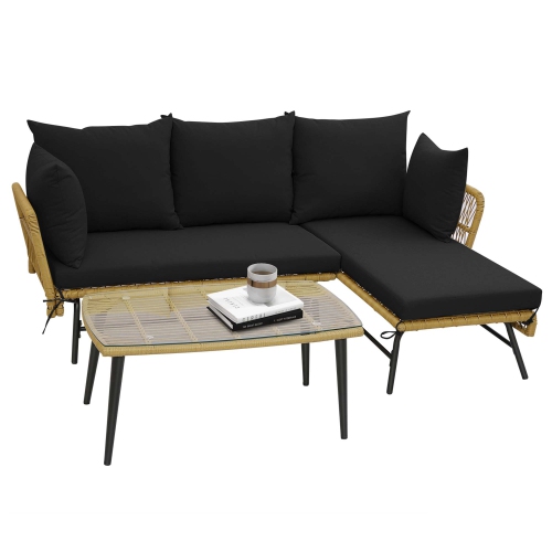 Costway 3 PCS L-Shaped Patio Sofa Set Conversation Furniture with Cushions Deck Garden Black/Beige