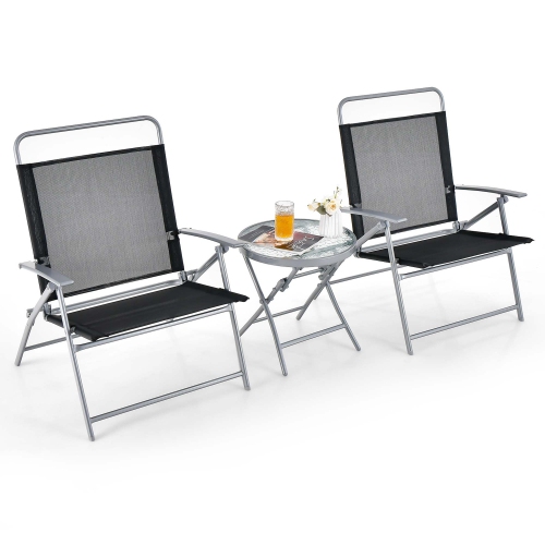 COSTWAY  3PCs Patio Folding Table Chair Set Extra-Large Seat Metal Frame Portable Outdoor