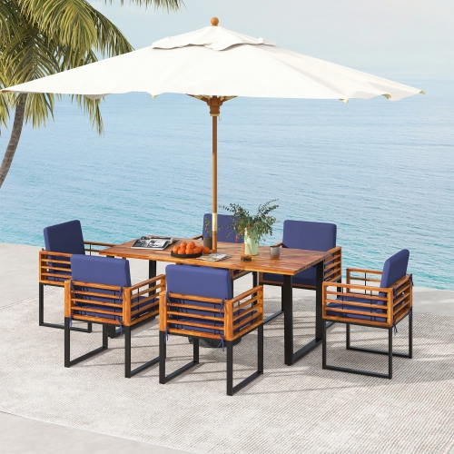 Costway 7pcs Patio Acacia Wood Dining Chair & Table Set Heavy-Duty Space-Saving Outdoor