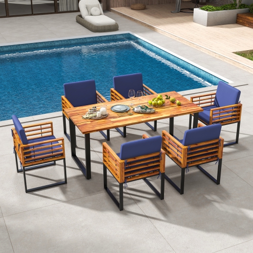 Costway 7pcs Patio Acacia Wood Dining Chair & Table Set Heavy-Duty Space-Saving Outdoor