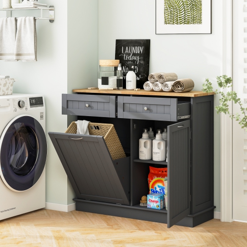 Costway Wooden Kitchen Trash Cabinet Tilt Out Bin Holder w/ Drawer & Storage Shelf