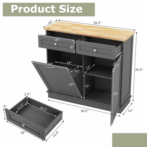 Costway Wooden Kitchen Trash Cabinet Tilt Out Bin Holder w/ Drawer & Storage Shelf