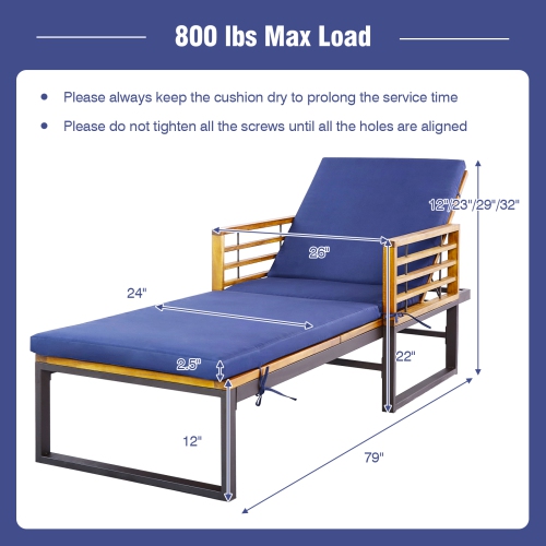 Chaise longue de patio rembourrée avec chaise longue inclinable de Costway, bleu marine, 800 lb
