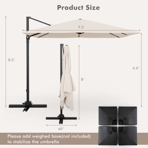Costway Patio 9.5FT Square Cantilever Offset Hanging Umbrella 2-Tier 360° Outdoor