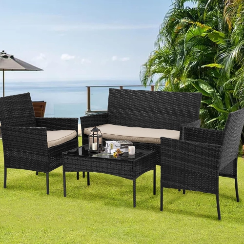 Courtyard furniture 4-piece outdoor indoor wicker patio with table and beige cushion is suitable for backyard lawn porch garden balcony, black.