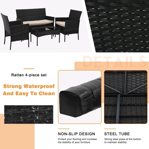 Courtyard furniture 4-piece outdoor indoor wicker patio with table and beige cushion is suitable for backyard lawn porch garden balcony, black.