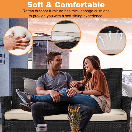 Courtyard furniture 4-piece outdoor indoor wicker patio with table and beige cushion is suitable for backyard lawn porch garden balcony, black.