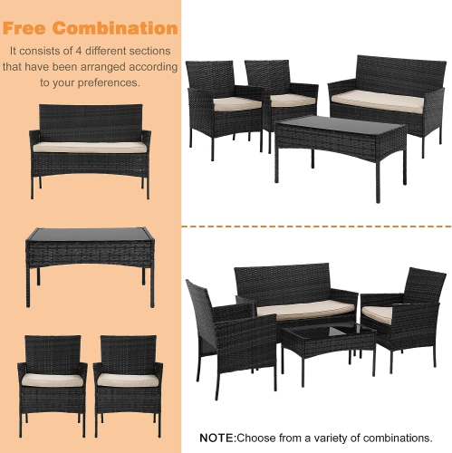 Courtyard furniture 4-piece outdoor indoor wicker patio with table and beige cushion is suitable for backyard lawn porch garden balcony, black.