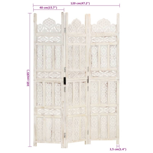 vidaXL Hand carved 3-Panel Room Divider White 120x165 cm Solid Mango Wood