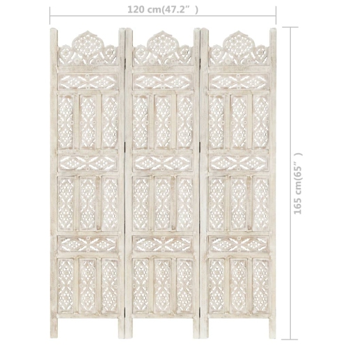 vidaXL Hand carved 3-Panel Room Divider White 120x165 cm Solid Mango Wood