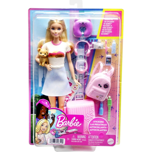 Poupée Barbie et accessoires, ensemble de voyage avec chiot et plus de 10 pièces, valise qui s'ouvre et se ferme, poupée Malibu avec cheveux blonds