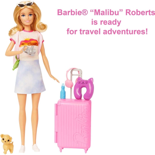 Poupée Barbie et accessoires, ensemble de voyage avec chiot et plus de 10 pièces, valise qui s'ouvre et se ferme, poupée Malibu avec cheveux blonds
