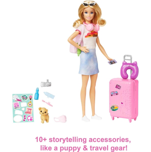 Poupée Barbie et accessoires, ensemble de voyage avec chiot et plus de 10 pièces, valise qui s'ouvre et se ferme, poupée Malibu avec cheveux blonds