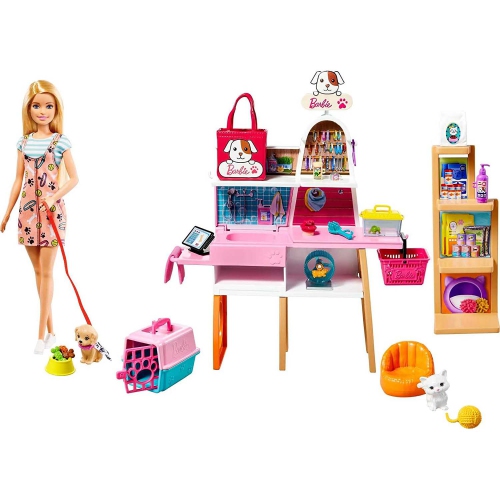Poupée Barbie et coffret, boutique pour animaux avec 4 animaux de compagnie, fonction de toilette à changement de couleur et plus de 20 accessoires