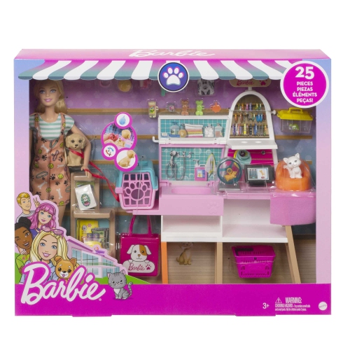 Poupée Barbie et coffret, boutique pour animaux avec 4 animaux de compagnie, fonction de toilette à changement de couleur et plus de 20 accessoires