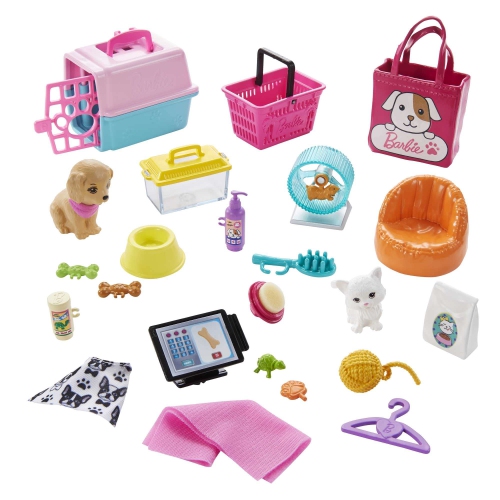 Poupée Barbie et coffret, boutique pour animaux avec 4 animaux de compagnie, fonction de toilette à changement de couleur et plus de 20 accessoires