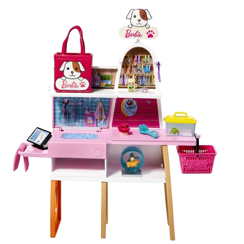 Poupée Barbie et coffret, boutique pour animaux avec 4 animaux de compagnie, fonction de toilette à changement de couleur et plus de 20 accessoires