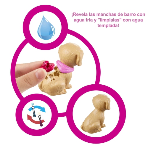 Poupée Barbie et coffret, boutique pour animaux avec 4 animaux de compagnie, fonction de toilette à changement de couleur et plus de 20 accessoires