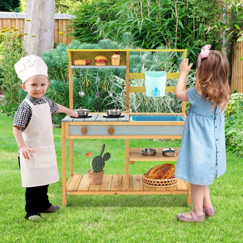 Costway Wooden Play Kitchen Set, Outdoor Kid's Mud Kitchen with Faucet & Water Box