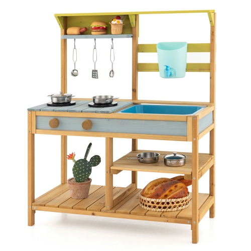 Costway Wooden Play Kitchen Set, Outdoor Kid's Mud Kitchen with Faucet & Water Box