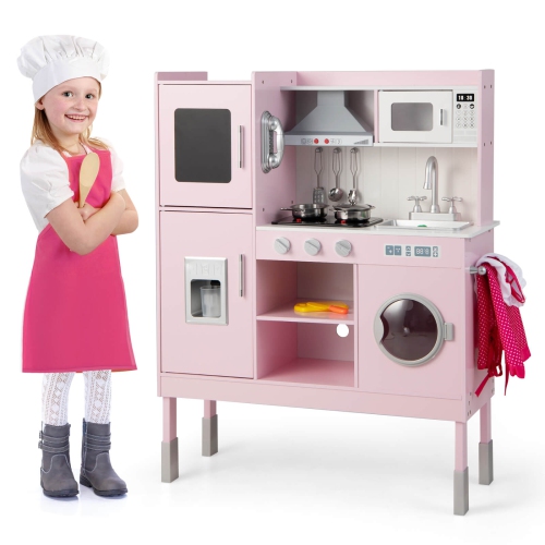Costway Kids Pretend Kitchen Play Set Toddler Toy Wooden Chef Height Adjustable with Sounds
