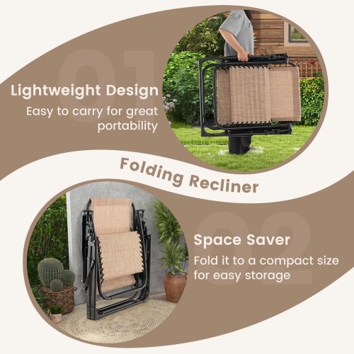 Costway 2PCS Patio Zero Gravity Lounge Chair Cushion Tray Folding Outdoor Recliner Black/Grey/Beige