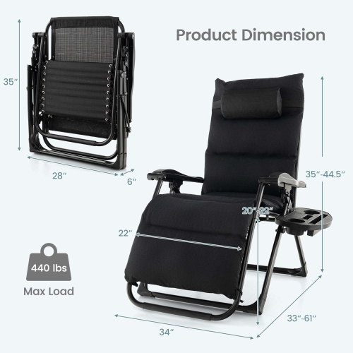 Costway 2PCS Patio Zero Gravity Lounge Chair Cushion Tray Folding Outdoor Recliner Black/Grey/Beige