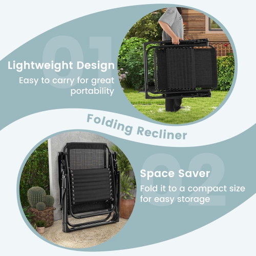 Costway 2PCS Patio Zero Gravity Lounge Chair Cushion Tray Folding Outdoor Recliner Black/Grey/Beige