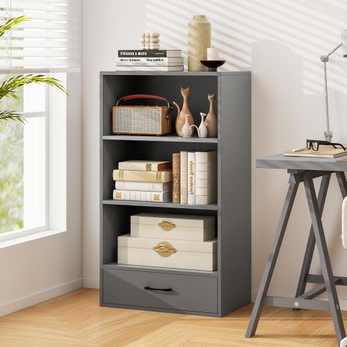 Costway 4-Tier Bookcase 48" Display Bookshelf Storage Organizer with Shelves & Drawer Grey/White/Natural