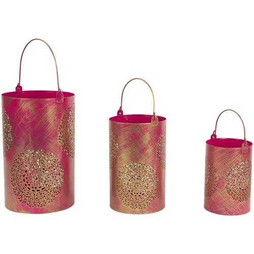 Set of 3 Fuchsia Pink and Gold Floral Laser-Cut Pillar Candle Lanterns