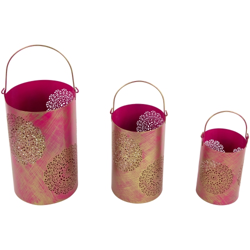 Set of 3 Fuchsia Pink and Gold Floral Laser-Cut Pillar Candle Lanterns