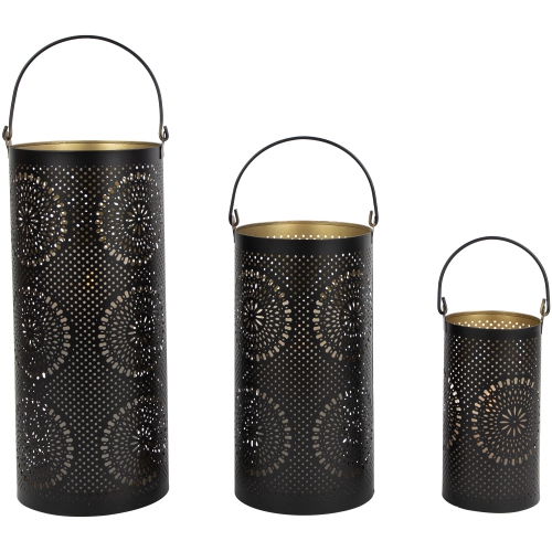 Set of 3 Black and Gold Laser-Cut Floral Pillar Candle Lanterns 12.5"