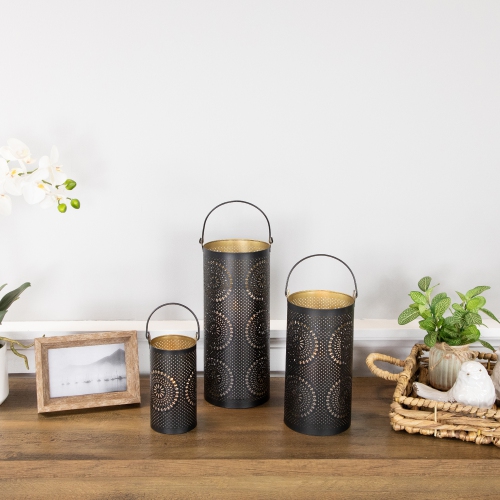 Laser-Cut Floral Pillar Candle Lanterns - 12" - Black and Gold - Set of 3