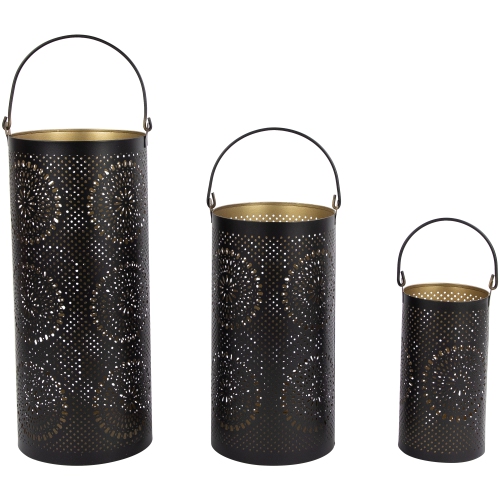 Laser-Cut Floral Pillar Candle Lanterns - 12" - Black and Gold - Set of 3