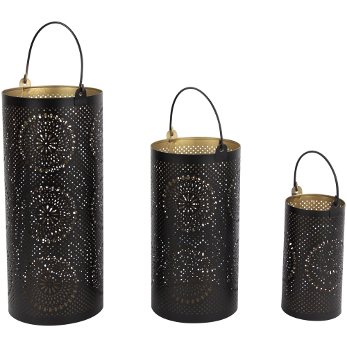 Laser-Cut Floral Pillar Candle Lanterns - 12" - Black and Gold - Set of 3