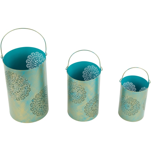 Set of 3 Turquoise and Gold Floral Laser-Cut Pillar Candle Lanterns