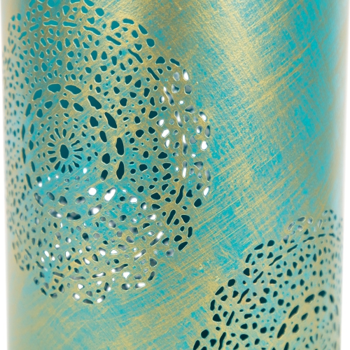 Set of 3 Turquoise and Gold Floral Laser-Cut Pillar Candle Lanterns