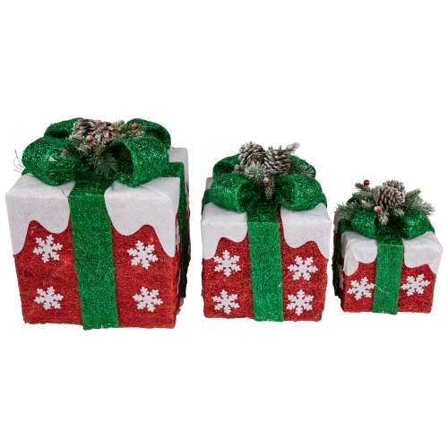 NORTHLIGHT  Set Of 3 Lighted With White Snowflakes Gift Boxes Christmas Decorations In Red