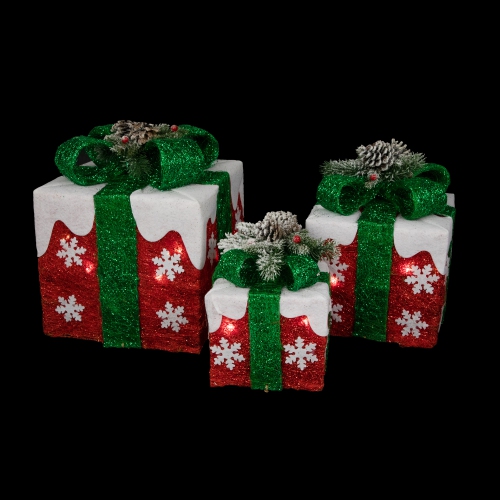 Set of 3 Lighted Red with White Snowflakes Gift Boxes Christmas Decorations
