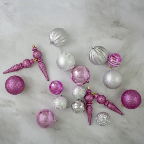 Shatterproof 3-Finish Christmas Ball and Finial Ornaments - Pink and Silver - 75ct